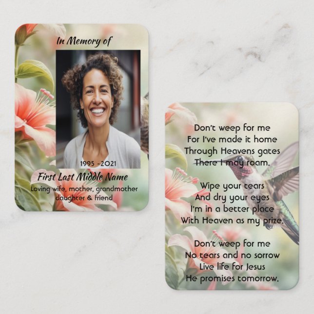 Christian Memorial Photo Keepsake Hummingbird Visitenkarte (Vorne/Hinten)