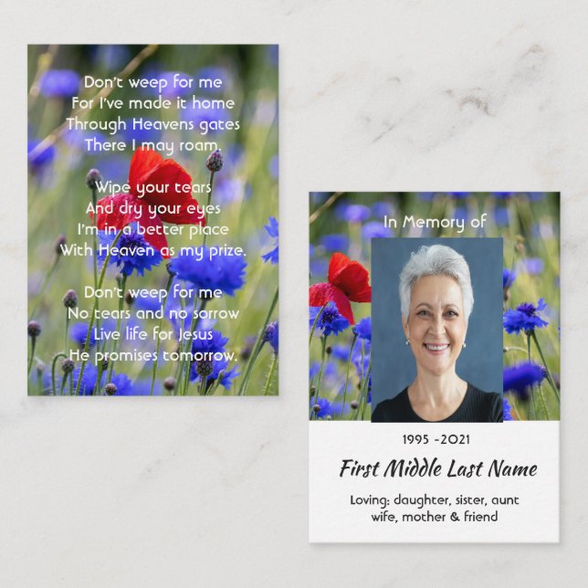 Christian Poppy Cornflower Meadow  Memorial  Visitenkarte (Vorne/Hinten)