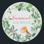 Christian Watercolor Wreath God With Us Sticker<br><div class="desc">A beautiful watercolor christmas wreath with green foliage and holly,  and a winter robin. With the words Emmanuel,  God with us.</div>