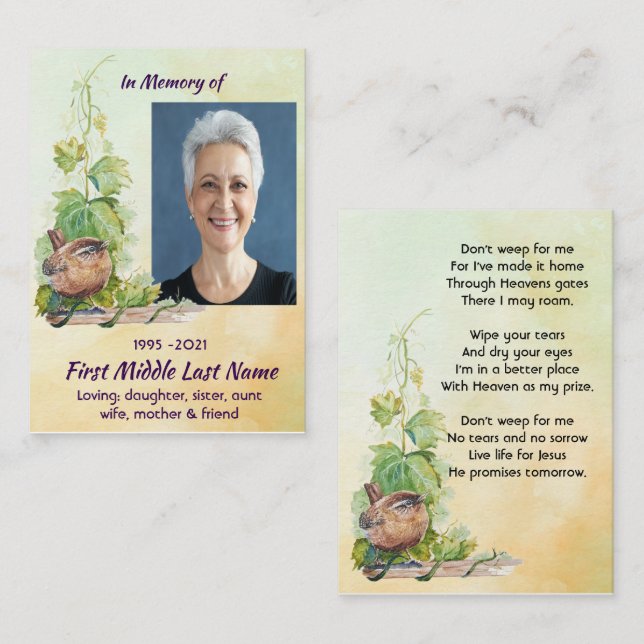 Christian Wren Bird Vineyard Memorial Keepsake Visitenkarte (Vorne/Hinten)