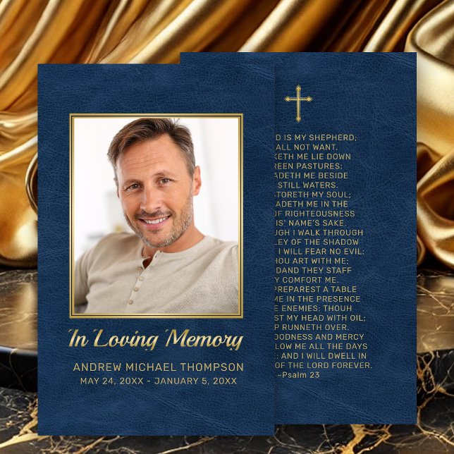 Christlich Blue Gold Foto Beerdigungskarte Visitenkarte (In Loving Memory Blue Faux Leather Photo Funeral Prayer Card with gold cross.)