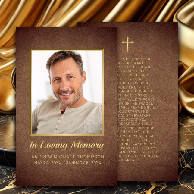 Christlich-Brown-Gold-Foto-Beerdigung Visitenkarte (In Loving Memory Brown Faux Leather Photo Funeral Card with gold cross.)