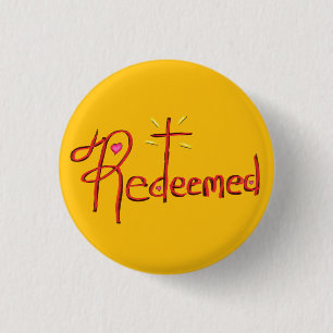 Christlich ‘Erlöst’ mit Kreuz und Herzen Gelb Button