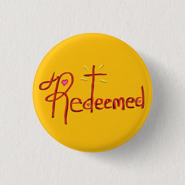 Christlich ‘Erlöst’ mit Kreuz und Herzen Gelb Button (Vorderseite)