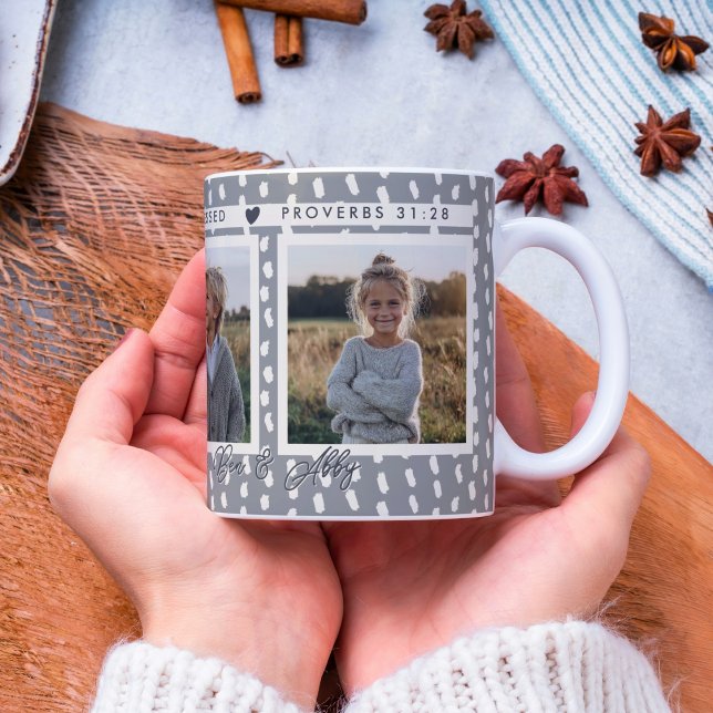 Christlich gesegnete Mama Fotocollage Namen Keepak Kaffeetasse (A Christian keepsake mug with Proverbs 31:28 and space for 3 photos.)