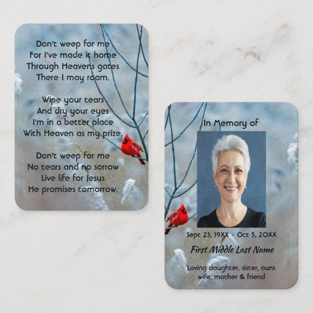 Christlich Memorial Keepake Kardinal Red Bird Visitenkarte (Vorne/Hinten)