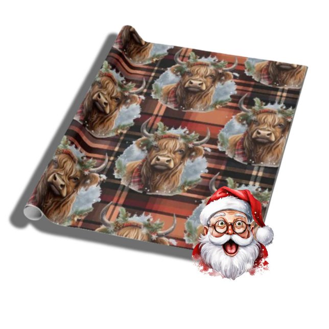 Christlich verbrannte Orange Tartan Highlander Cow Geschenkpapier (Merry Christmas)
