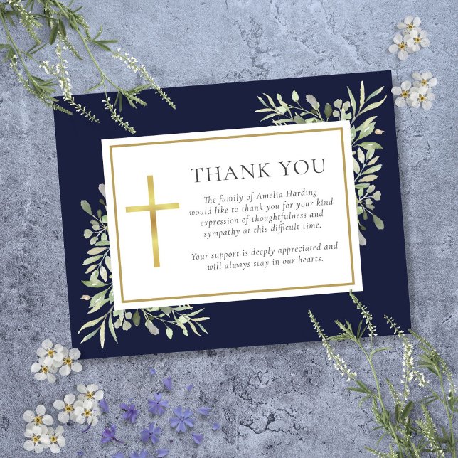 Christliche Beerdigung von Navy Blue Greeneral Dankeskarte (Navy Blue Greenery Christian Funeral Thank You Card)