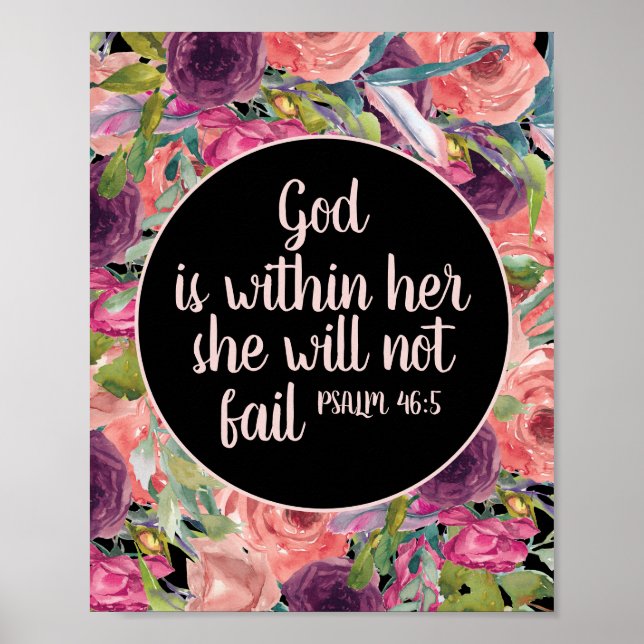 Christliche Bibel Verse Rosa Lila Blütenschwarz Poster (Vorne)