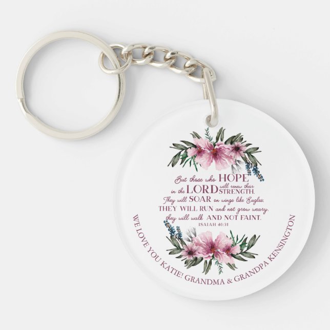 Christliche Bibelverse Rosa Blumenschrift Foto Schlüsselanhänger (Vorderseite)