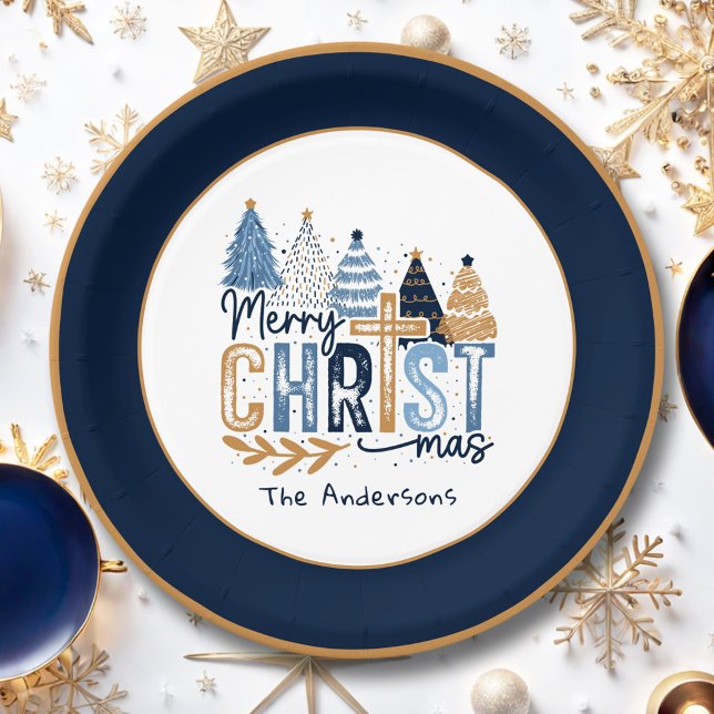 Christliche blaue Bäume Name Moderne Weihnachten Pappteller (Christian Navy Blue Trees Name Modern Christmas Paper Plates)
