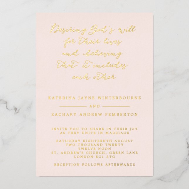 Christliche Blush & Gold-Script-Hochzeit Folieneinladung (Vorderseite)