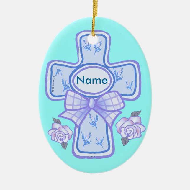 Christliche Crossverzierung mit blauem Bow Keramik Ornament (Vorne)