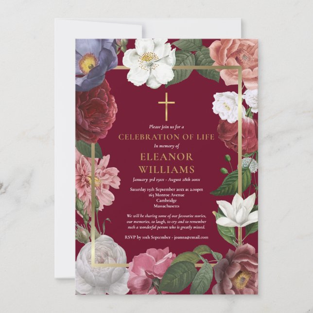 Christliche Feier des Lebens Burgund Floral Einladung (Vorderseite)