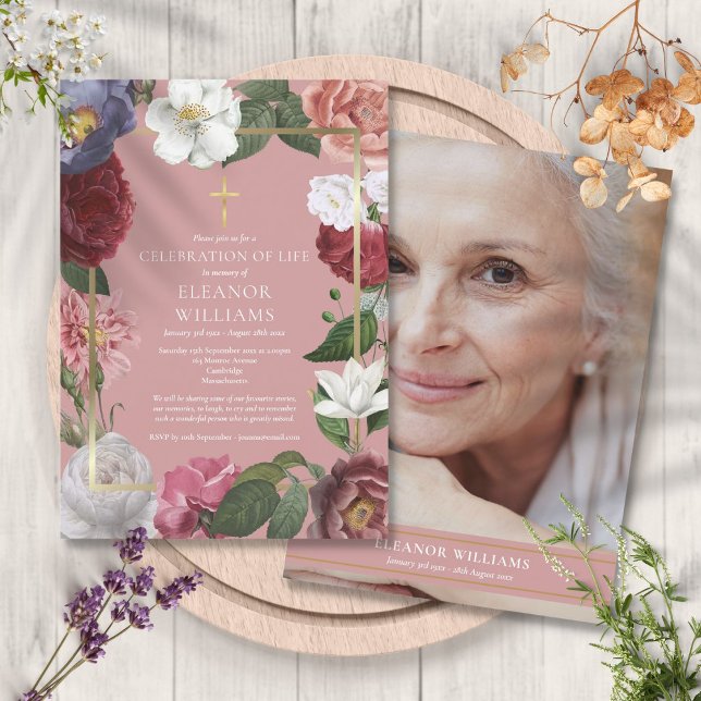 Christliche Feier des Lebens Rosa Foto Einladung (Christian Celebration of Life Pink Floral Photo Invitation)