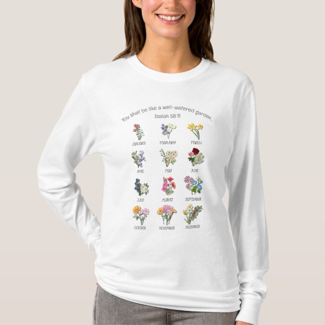 Christliche GEBURT MONATE BLUME Jan bis Dez T-Shirt (Vorderseite)