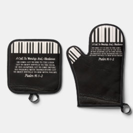 Christliche Glaubenssätze mit Piano-Tasten schwarz Ofenhandschuh & Topflappen-Set