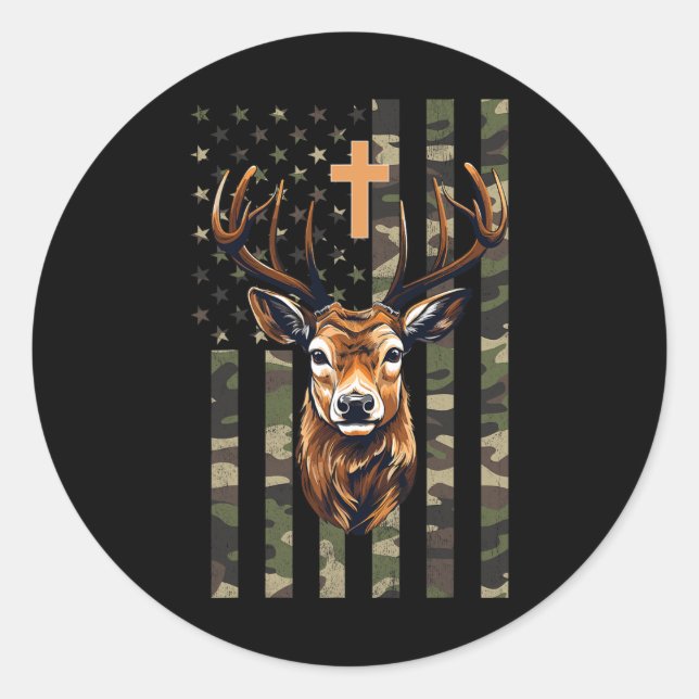 Christliche Hirschjagd Camouflage Amerikanische Fl Runder Aufkleber (Vorderseite)
