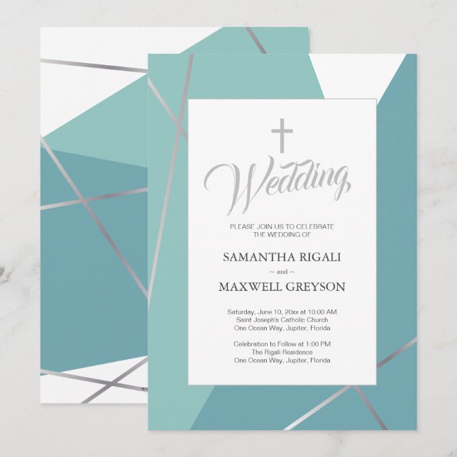Christliche Hochzeit in Blau und Grün Einladung (Vorne/Hinten)