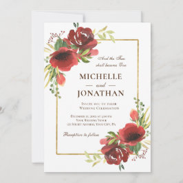 Christliche Hochzeit in Red Floral Gold Frame Einladung