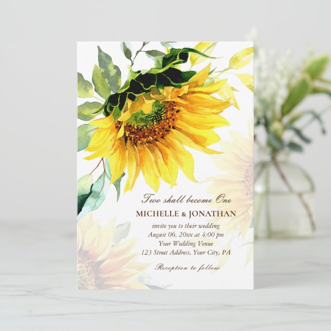 Christliche Hochzeit mit gelber Sonnenblume Einladung (Stehend Vorderseite)