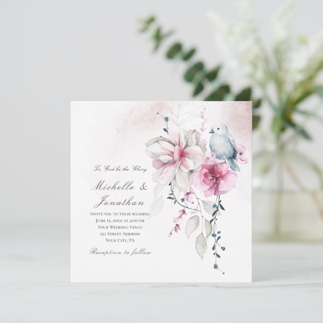 Christliche Hochzeit mit rosa graue, florale Weiße Einladung (Stehend Vorderseite)