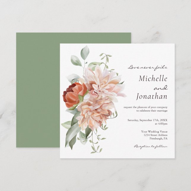 Christliche Hochzeit mit weichem Rosa Blütengrün Einladung (Vorne/Hinten)