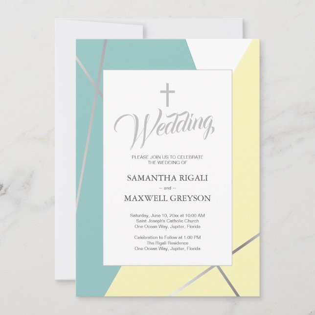 Christliche Hochzeit von Gelb und Minze Grün Einladung (Vorderseite)