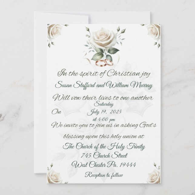 Christliche Hochzeitseinladung mit weißer Rose und Einladung (Vorderseite)
