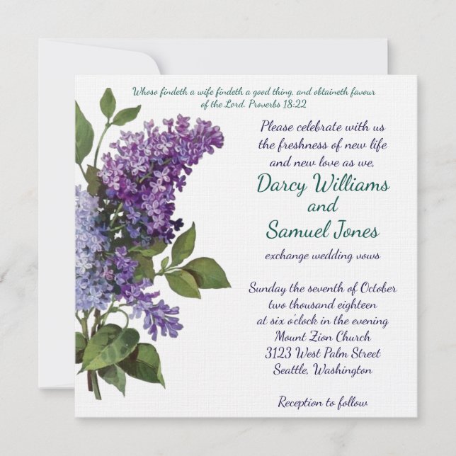 Christliche Hochzeitseinladung - Vintage Lilacs Einladung (Vorderseite)