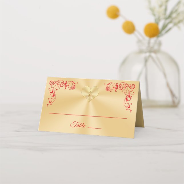 Christliche Hochzeitsszenarien in Rot und Gold Platzkarte (Vorderseite)