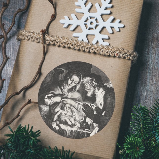 Christliche katholische Weihnachtskrippe Szene Man Runder Aufkleber (Vintage Religious Christian Catholic Christmas Nativity Scene Bethlehem Manger Classic Gift Sticker)