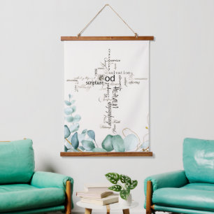 Christliche Kreuzwort-Collage Grünpflanzen Wandteppich Mit Holzrahmen