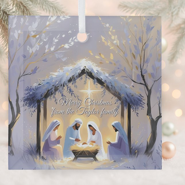 Christliche Krippe Heilige Weihnachtszeit Ornament Aus Glas (Personalized Christian Nativity Scene Christmas Ornament Holy Family Manger Under Star of Bethlehem)