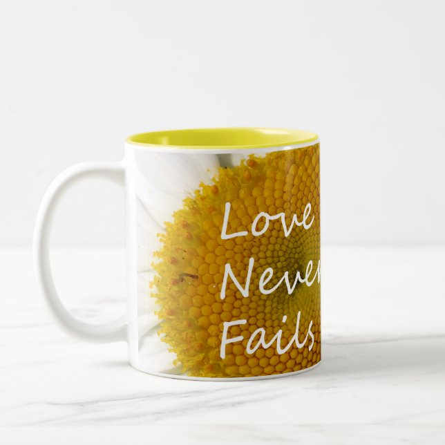 Christliche Liebe Versage nie Daisy 1 Korinther 13 Zweifarbige Tasse (Links)