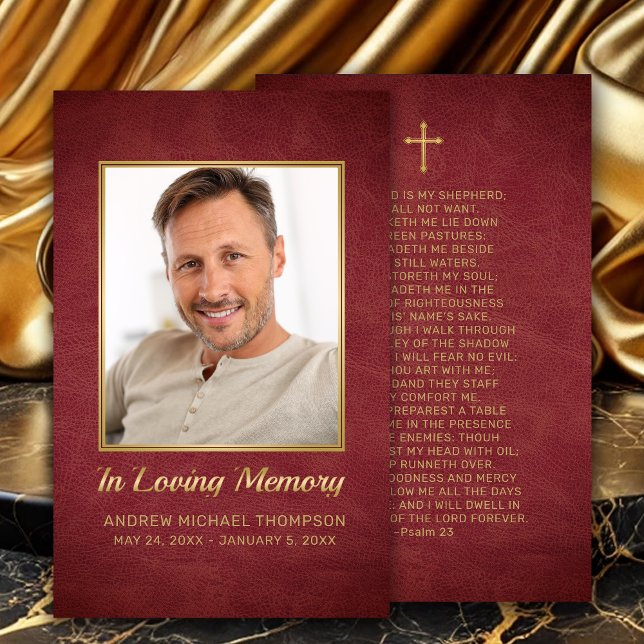 Christliche Maroon Gold Foto Beerdigungskarte Visitenkarte (In Loving Memory Maroon Faux Leather Photo Funeral Prayer Card with Gold Cross.)