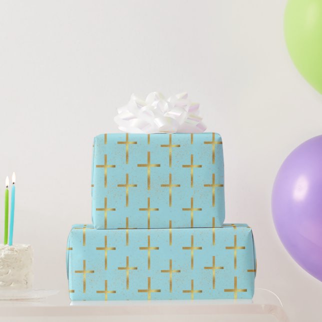 Christliche Muster Imitate Gold Foil Cross Blau Geschenkpapier (Partygeschenke)