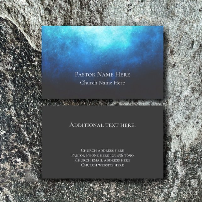 Christliche Pfarrkirche im benutzerdefinierten Tex Visitenkarte (Customize this business card template for a unique modern blue nebula contact card. Church pastor.)