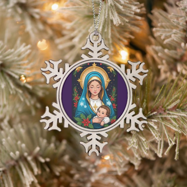 Christliche römisch-katholische Jungfrau Mary Weih Schneeflocken Zinn-Ornament (Baum)