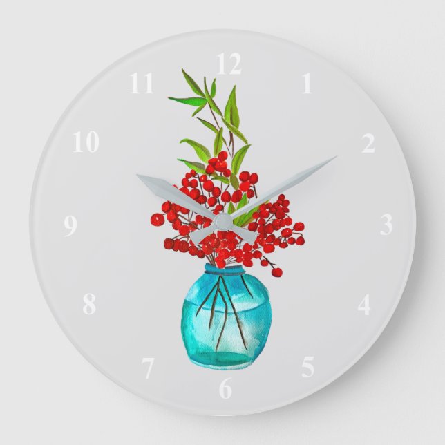 Christliche rote Beeren Aquarellkunst Große Wanduhr (Vorderseite)
