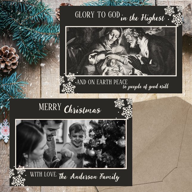 Christliche Schwarz-Weiß-Foto Weihnachten (Black & White Vintage Modern Classic Religious Christian Catholic Christmas Photo Holiday Card)