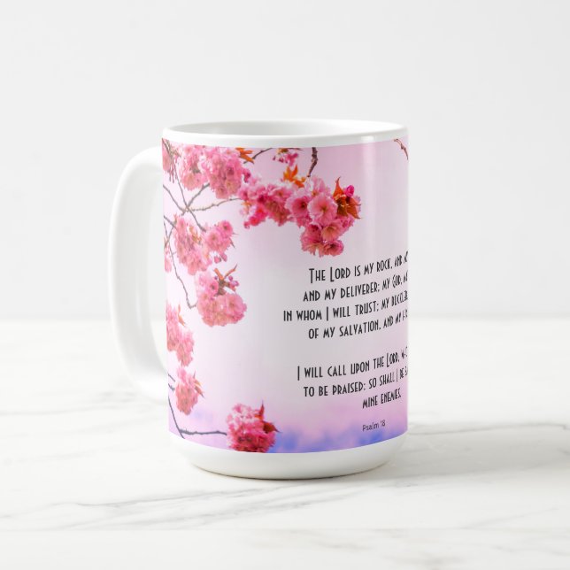 Christliche Tasse mit Schriften und Kirschblüte (Vorderseite Links)