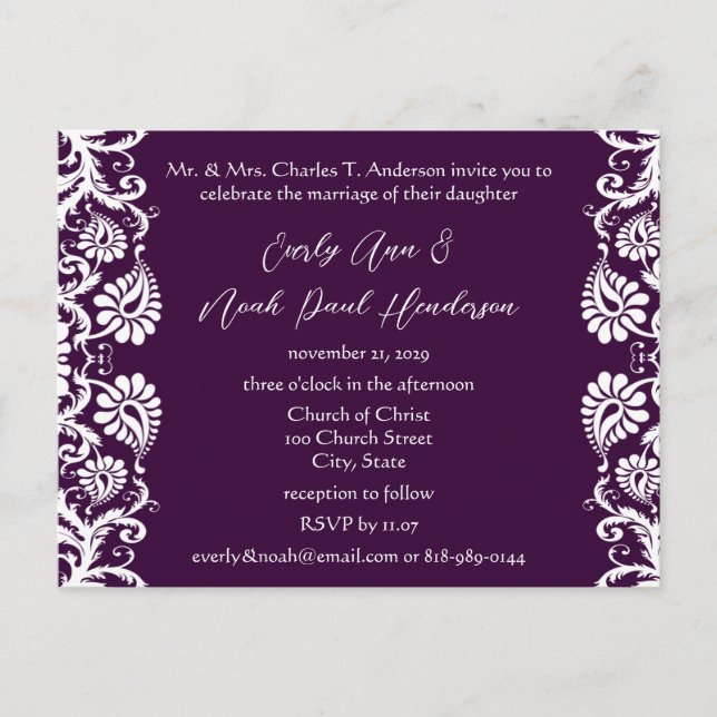 Christliche Vintage Damask Hochzeit Lila Einladungspostkarte (Vorderseite)