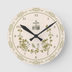 Christliche Wall-Uhr mit Vögeln, Blume, Kreuz Runde Wanduhr