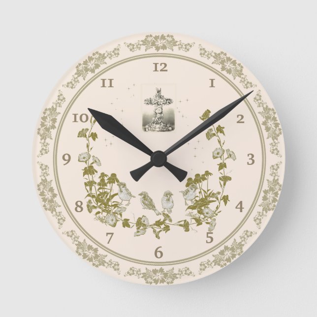 Christliche Wall-Uhr mit Vögeln, Blume, Kreuz Runde Wanduhr (Vorderseite)