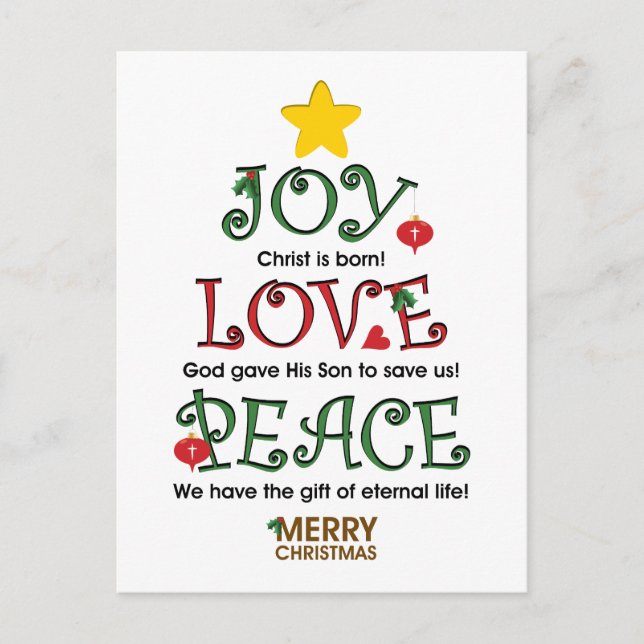Christliche Weihnachtsfreude Liebe und Frieden Feiertagspostkarte (Vorderseite)