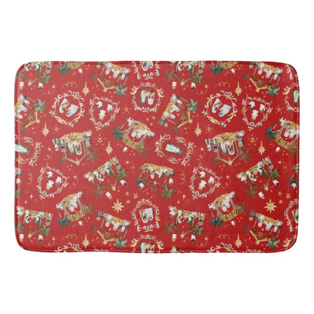 Christliche Weihnachtsgebirgskrippe Rot Badematte (Vorderseite)