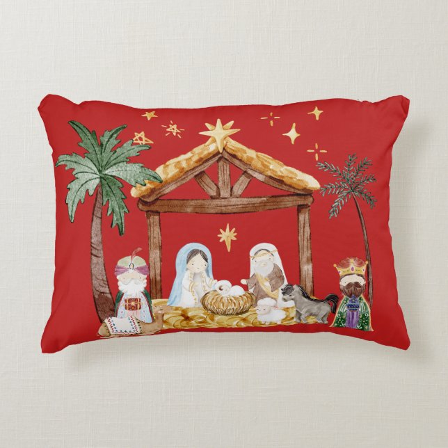 Christliche Weihnachtsgebirgskrippe Rot Dekokissen (Vorderseite)