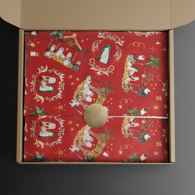 Christliche Weihnachtsgebirgskrippe Rot Geschenkpapier (Von Creator hochgeladen)