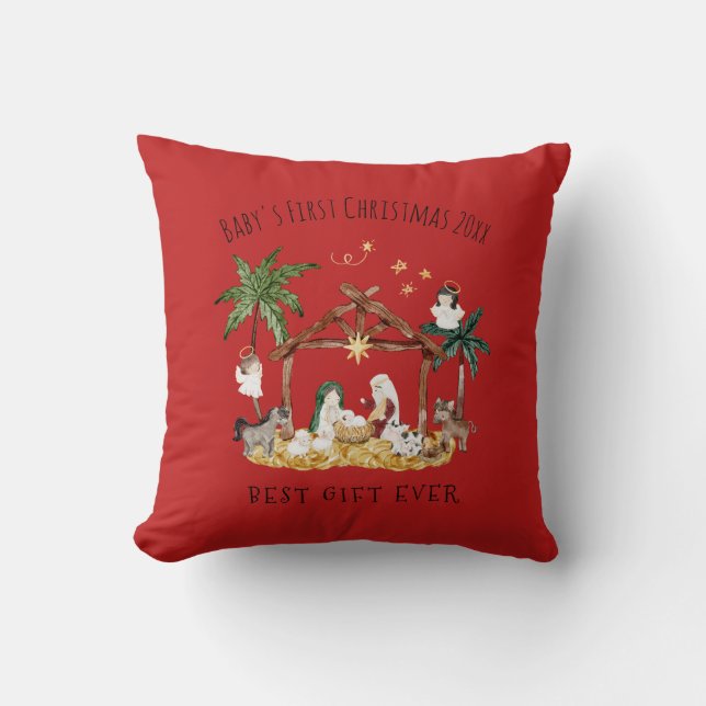 Christliche Weihnachtsgebirgskrippe Rot Kissen (Vorderseite)